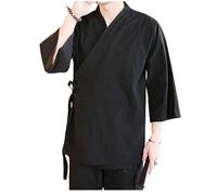 Herren-Strickjacke im chinesischen Stil, aus Leinen, lockere Kimono-Jacke, einfarbig, selbstbindend, traditionelle Hanfu-Kleidung, Schwarz, X-Large