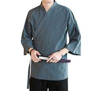Herren-Strickjacke im chinesischen Stil, aus Leinen, lockere Kimono-Jacke, einfarbig, selbstbindend, traditionelle Hanfu-Kleidung, GRAU, Large