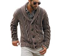 Herren-Strickjacke mit Zopfmuster, Schalkragen, lockere Passform, langärmelig, lässige Strickjacke, Braun, XL