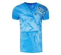 Herren T-Shirt Front & Back Print All Over Logo-Print Verwaschen V-Neck mit Knopfleiste 287, Farbe:Petrol, Größe S-3XL:XL