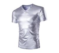 Herren T-Shirt Gold Silber Slim Kurzarm T-Shirt Bottom Shirt Glänzend Bronzing Party Tshirt V-Ausschnitt Schlankes Top Metallic Hemden Musik Festival Bronzing Nachtclub Top