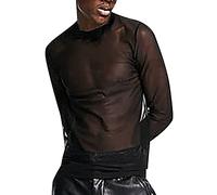 Herren T-Shirt Langarm Club Party Netzhemd Einfarbig Transparent Vintage Longsleeve Unterhemd Erotik Netz Hemd Unterwäsche Dessous Slim Fit Freizeithemd Sexy Casual Bequem Soft