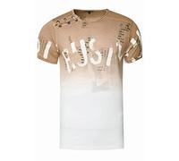 Herren T-Shirt mit Seitlicher Knopfleiste Verwaschen mit Farbverlauf Rundhals Stretch Herren-T-Shirt Casual Fit 288, Farbe:Camel, Größe S-XXL:M