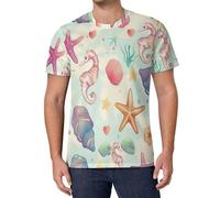 Herren-T-Shirt, Muschel- Seestern Seepferdchenmuster, Sommer Kurzärmelig, Aquarellmalerei Rundhals Basic T-Shirt, S-6Xl