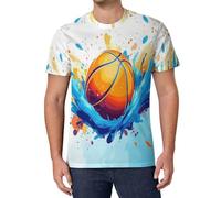Herren T-Shirt Oversize Fit Kurzarm Oberteil Mit Rundhals Cartoon-Basketball-Graffiti Sportbekleidung Weit Geschnittenes Lang Tee Coole Tintenkleckse Basic Shirt T Shirts Männer Longshirt