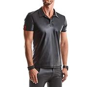 Herren T-Shirt schwarz aus wetlook Material mit Stehkragen Männer Poloshirt kurzarm Slim-Fit Form M