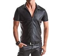 Herren T-Shirt schwarzes Wetlook Poloshirt mit Stehkragen und schwarzen Reißverschluss Slim-Fit Form L