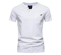 Herren T Shirt Stretch Baumwolle Tops Casual Einfarbige V Ausschnitt Basic Kurzarm 3 Knopf Tshirt Männer Sommer Kurzarmshirt Slim Fit Sportshirt mit Taschen