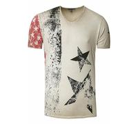 Herren T-Shirt USA Stars and Stripes V-Neck Regular Fit Rundhals Verwaschen S M L XL XXL 3XL 236, Farbe:Beige, Größe:XL