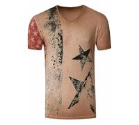 Herren T-Shirt USA Stars and Stripes V-Neck Regular Fit Rundhals Verwaschen S M L XL XXL 3XL 236, Farbe:Camel, Größe:XXL