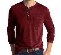 Herren T-Shirts Herren Baumwolle Langarm Top Klassische Casual Shirt Tops für Männer Kragenlose Opa T-Shirt Golf Shirts Slim Fit Baumwolle T-Shirt mit Tasche Büro Wein