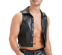 Herren-Tanktop aus Kunstleder, mit Stehkragen, seitliches Schnür-Detail, ärmellose Weste für Partys, glänzendes Finish, normale Länge, schwarz, 90 % Spandex, M-2XL (2XL Schwarz)