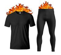 Herren Thermounterwäsche Set Base Layer - Kurzarm T-Shirt/Weste/Top und Lange Unterhose für Männer Ultra Weiche Warme Unterwäsche Mann Body Warmer Größe S-XXL, Schwarz , XXL