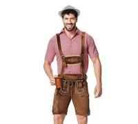 Herren Trachten Set Sale, Oktoberfest Herren Outfit mit Kariertes Trachtenhemd, Lederhose mit Trägern und Bayerischen Filzhüte Trachten 3-teilig Party Kostüm Perfekt für Karneval & Oktoberfest
