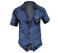 Herren Tshirt V Ausschnitt Mittelalter Hemd Herren Longsleeve Herren Reverskragen Druckknopf Totenkopf Drucken Hemd Kurzarm Regular Fit Arbeitshemd Locker Sommerhemd Herren Shirts (Blau, L)