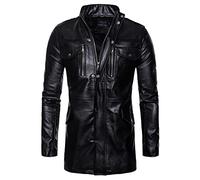 Herren Übermantel Straße Windbreaker Mantel Lang Plüsch Leder Lokomotive Fell PU Freizeitjacke, Schwarz , XL