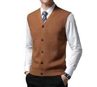 Herren V-Ausschnitt Wolle Strick Ärmellos Cardigan Sweater Vest, dunkelbraun, Medium