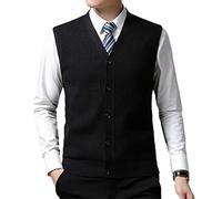 Herren V-Ausschnitt Wolle Strick Ärmellos Cardigan Sweater Vest, Schwarz , Medium