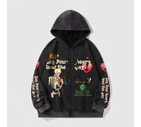 Herren verwaschener Kapuzenpullover mit Slogan Totenkopf Muster, stehender Kragen, durchgehender Reißverschluss, Langarm, Herbst