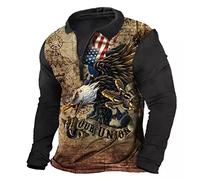 Herren Vintage amerikanische Flagge Adler bedrucktes Reißverschluss Poloshirt Langarm T-Shirt Tempelritter Distressed Tops
