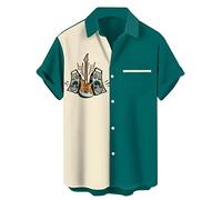 Herren Vintage Bowling Shirt 1950er Retro Rockabilly Stil Kurzarm Button Down Musik Hawaiihemden, Gitarren-Creme Grün, Mittel