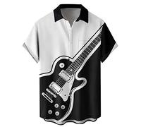 Herren Vintage Bowling Shirt 1950er Retro Rockabilly Stil Kurzarm Button Down Musik Hawaiihemden, Gitarre, weiß, schwarz, XL