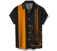 Herren Vintage Bowling Shirt 1950er Retro Rockabilly Stil Kurzarm Button Down Musik Hawaiihemden, Gitarre in Orange und Schwarz, Mittel