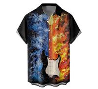 Herren Vintage Bowling Shirt 1950er Retro Rockabilly Stil Kurzarm Button Down Musik Hawaiihemden, Gitarrenfeuer, 3X-Groß