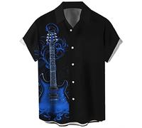 Herren Vintage Bowling Shirt 1950er Retro Rockabilly Stil Kurzarm Button Down Musik Hawaiihemden, Gitarre-Saphir, Klein
