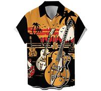 Herren Vintage Bowling Shirt 1950er Retro Rockabilly Stil Kurzarm Button Down Musik Hawaiihemden, Gitarre-Hawaii, XL