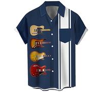 Herren Vintage Bowling Shirt 1950er Retro Rockabilly Stil Kurzarm Button Down Musik Hawaiihemden, Gitarre, 4 Stile, L