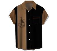 Herren Vintage Bowling Shirt 1950er Retro Rockabilly Stil Kurzarm Button Down Musik Hawaiihemden, Gitarre braun schwarz, XX-Large