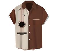Herren Vintage Bowling Shirt 1950er Retro Rockabilly Stil Kurzarm Button Down Musik Hawaiihemden, Gitarren-Aprikosen-Kaffee, Klein
