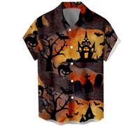 Herren Vintage Bowling Shirt 1950er Retro Rockabilly Stil Kurzarm Button Down Musik Hawaiihemden, Halloween-Dorf, XL