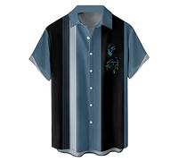 Herren Vintage Bowling Shirt 1950er Retro Rockabilly Stil Kurzarm Button Down Musik Hawaiihemden, Klavierblau schwarz, 3X-Groß