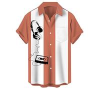 Herren Vintage Bowling Shirt 1950er Retro Rockabilly Stil Kurzarm Button Down Musik Hawaiihemden, Klebeband, korallenweiß, 3X-Groß
