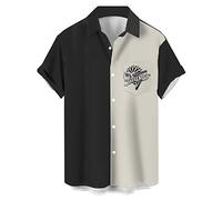 Herren Vintage Bowling Shirt 1950er Retro Rockabilly Stil Kurzarm Button Down Musik Hawaiihemden, Musik, schwarz, weiß, Klein