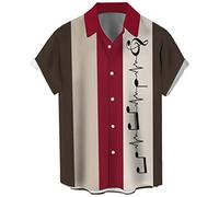 Herren Vintage Bowling Shirt 1950er Retro Rockabilly Stil Kurzarm Button Down Musik Hawaiihemden, Musiknote: Beige, Rot, Mittel