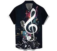 Herren Vintage Bowling Shirt 1950er Retro Rockabilly Stil Kurzarm Button Down Musik Hawaiihemden, Musiknoten-Schwarz, L