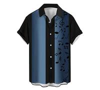 Herren Vintage Bowling Shirt 1950er Retro Rockabilly Stil Kurzarm Button Down Musik Hawaiihemden, Musiknote, Schwarz / Blau, L