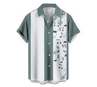 Herren Vintage Bowling Shirt 1950er Retro Rockabilly Stil Kurzarm Button Down Musik Hawaiihemden, Musiknoten: weißer Salbei, Mittel