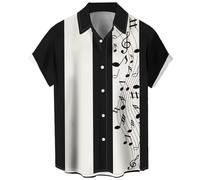 Herren Vintage Bowling Shirt 1950er Retro Rockabilly Stil Kurzarm Button Down Musik Hawaiihemden, Musiknote, Weiß / Schwarz, 6X-Groß