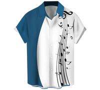 Herren Vintage Bowling Shirt 1950er Retro Rockabilly Stil Kurzarm Button Down Musik Hawaiihemden, Musiknote, Weiß/Blau, 5X-Groß