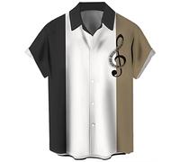 Herren Vintage Bowling Shirt 1950er Retro Rockabilly Stil Kurzarm Button Down Musik Hawaiihemden, Musiknoten: 3 Farben, XL