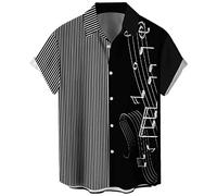 Herren Vintage Bowling Shirt 1950er Retro Rockabilly Stil Kurzarm Button Down Musik Hawaiihemden, Musiknoten-Schwarz gestreift, Klein