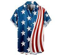 Herren Vintage Bowling Shirt 1950er Retro Rockabilly Stil Kurzarm Button Down Musik Hawaiihemden, Patriotic-red blue, L
