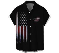 Herren Vintage Bowling Shirt 1950er Retro Rockabilly Stil Kurzarm Button Down Musik Hawaiihemden, Patriotic-black, L