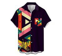 Herren Vintage Bowling Shirt 1950er Retro Rockabilly Stil Kurzarm Button Down Musik Hawaiihemden, Puzzle, L