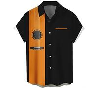 Herren Vintage Bowling Shirt 1950er Retro Rockabilly Stil Kurzarm Button Down Musik Hawaiihemden, XL