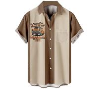 Herren Vintage Bowling Shirt 50er Retro Kurzarm Button Down Hawaiihemden, Khaki Hot Rod, Mittel